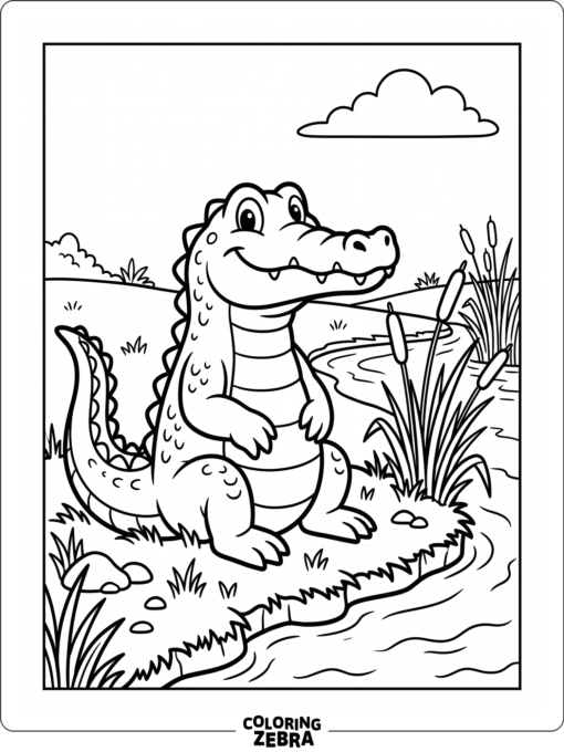 A crocodile sitting by the riverbank with reeds