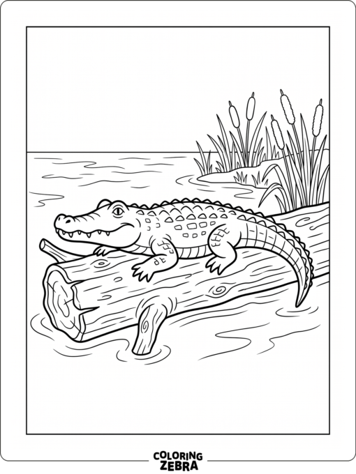 A crocodile resting on a log near water