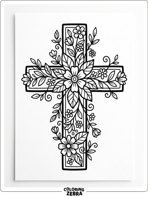 A cross decorated with flowers and leaves