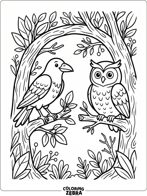 A crow and owl perched on separate branches