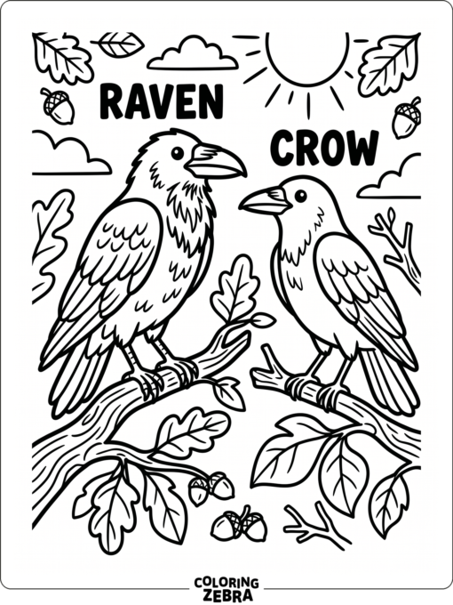 A crow and raven perched on separate branches