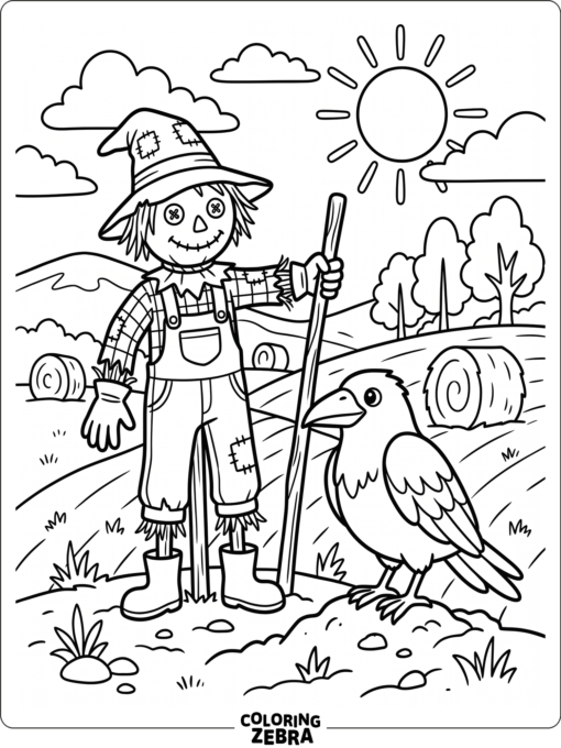 A crow beside a scarecrow in a field