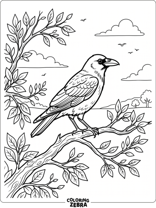 A crow sits on a branch with a few leaves around it