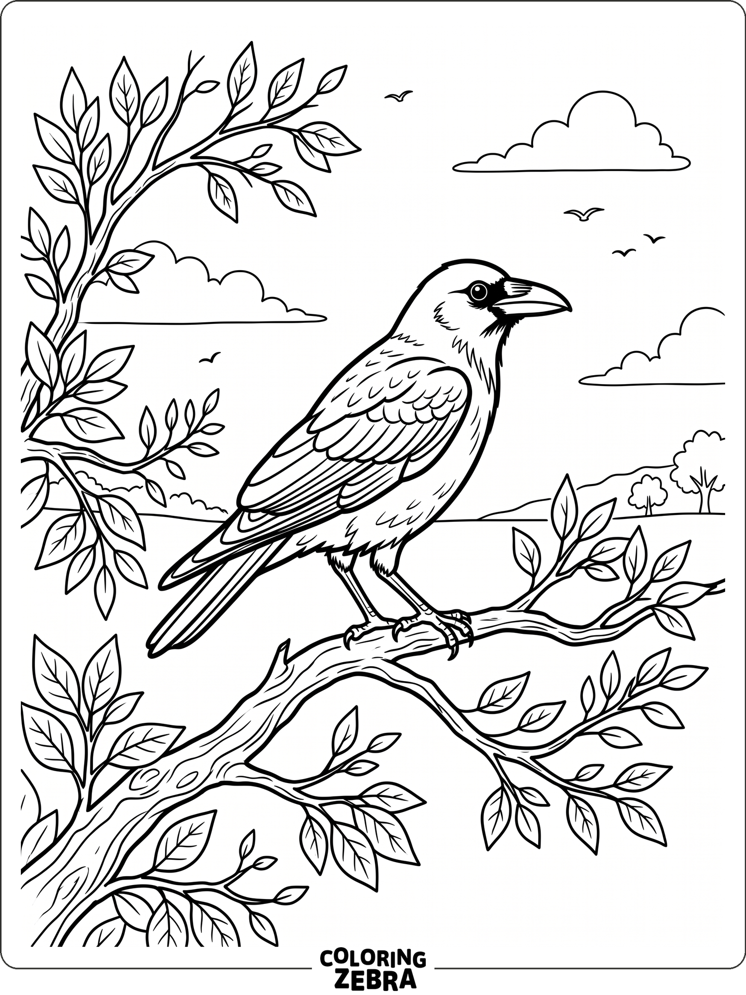 A crow sits on a branch with a few leaves around it