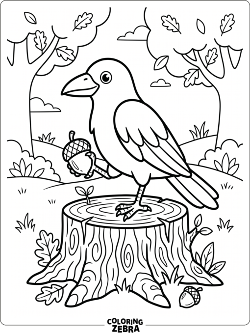A crow holding an acorn on a tree stump