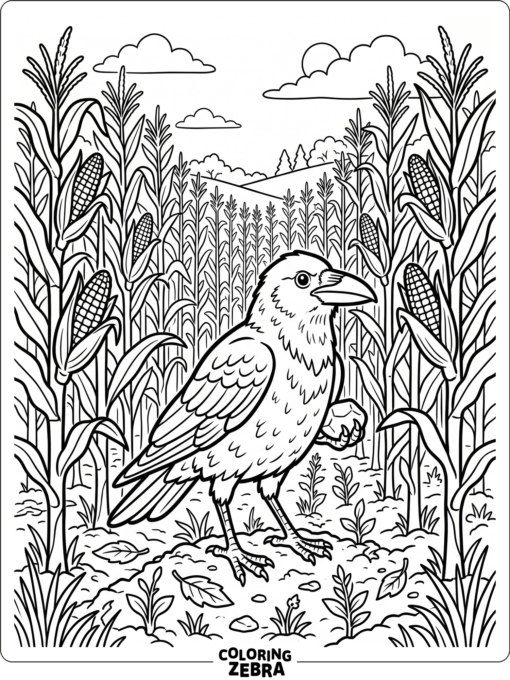 A crow standing in a cornfield with tall stalks