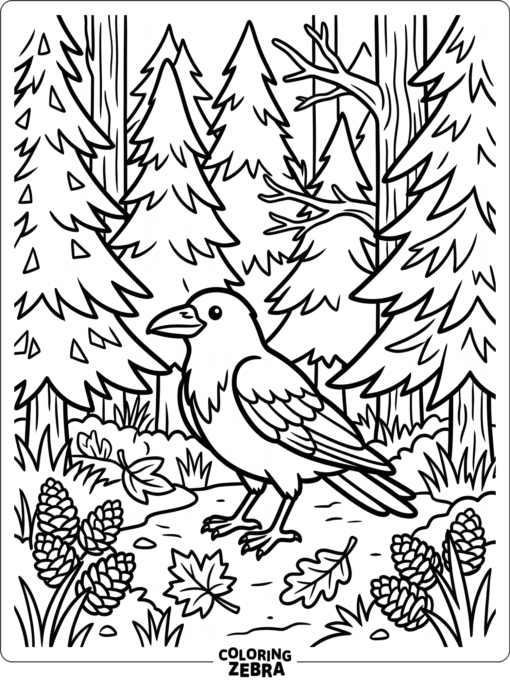 A crow in a forest with pine trees and leaves
