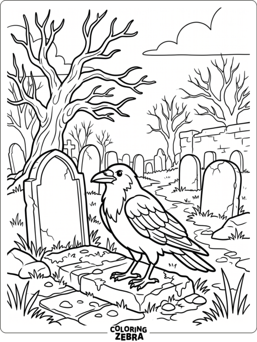 A crow standing in a graveyard with old stones