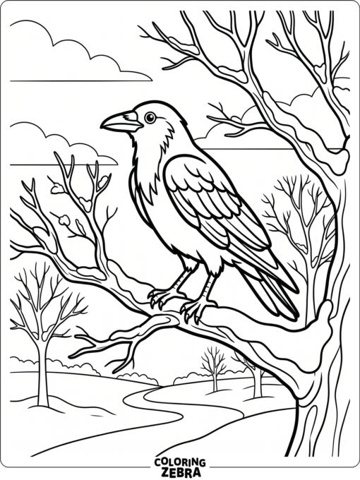 A crow standing in snow with bare branches