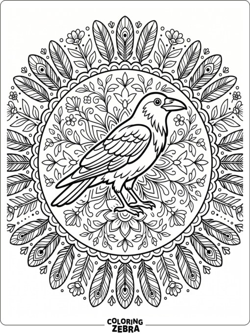 A crow framed by mandala feathers and flowers