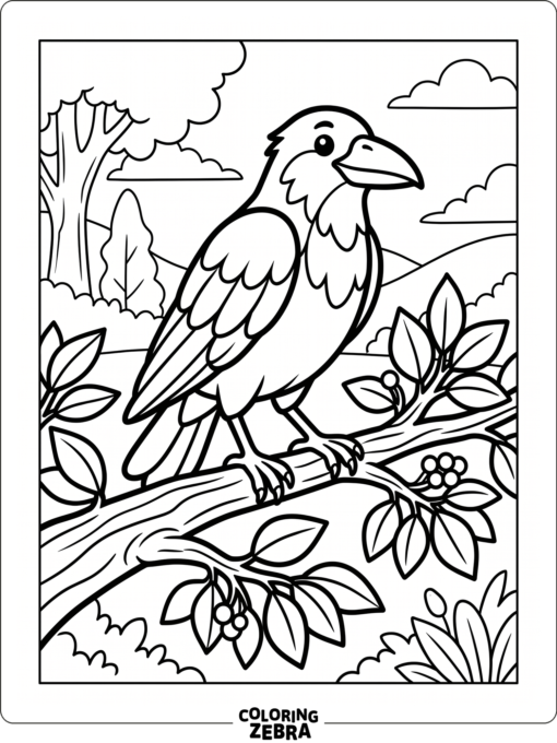 A crow perched on a branch with a few leaves