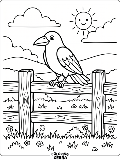 A crow resting on a wooden fence