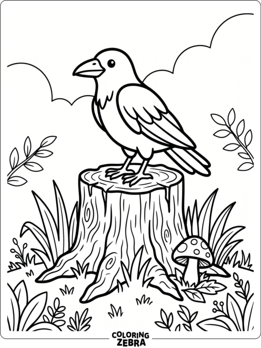 A crow perched on a tree stump with grass