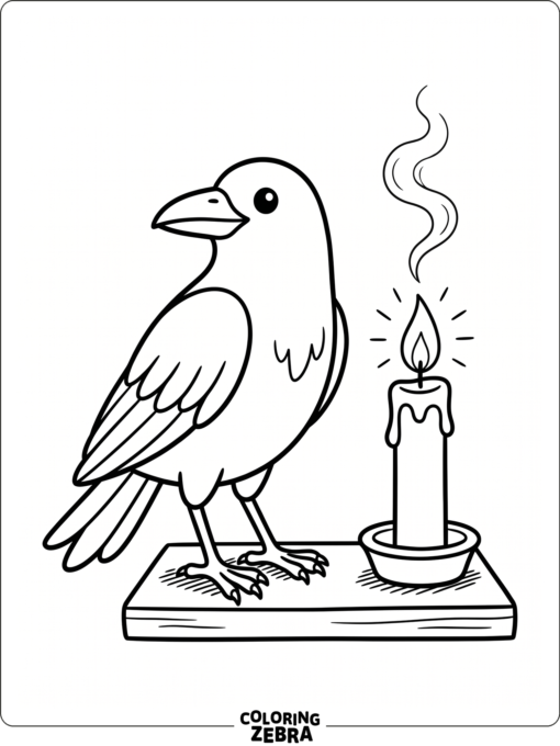 A crow beside a candle with a small flame