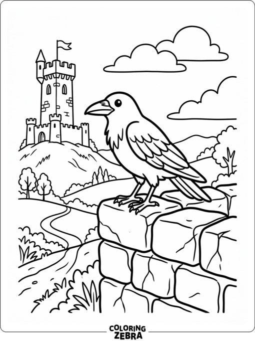 A crow perched on a wall near a castle tower