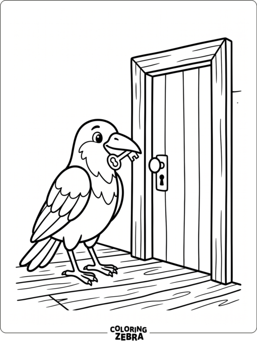 A crow holding a small key beside a doorframe