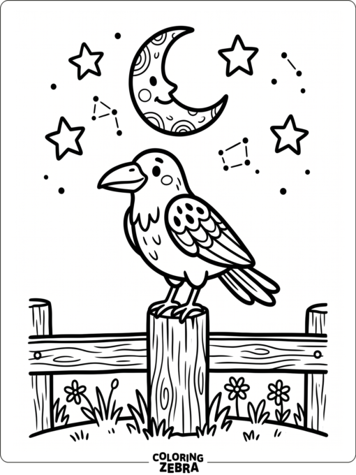 A crow under a crescent moon with stars
