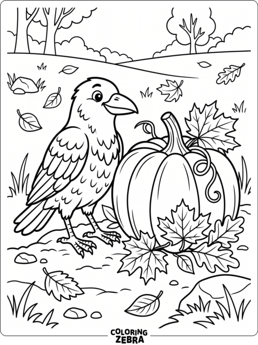 A crow beside a pumpkin with autumn leaves