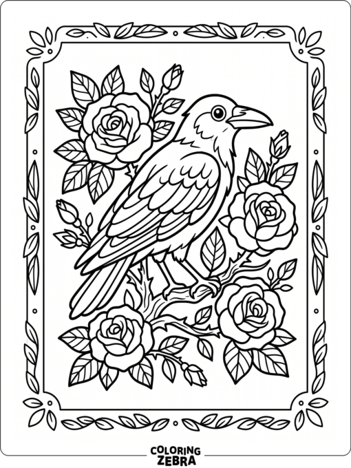 A crow with roses and leaves in a decorative frame