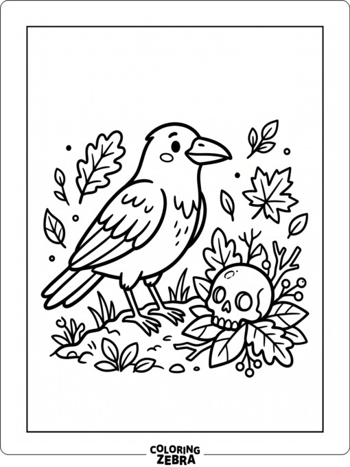 A crow beside a small skull with simple leaves