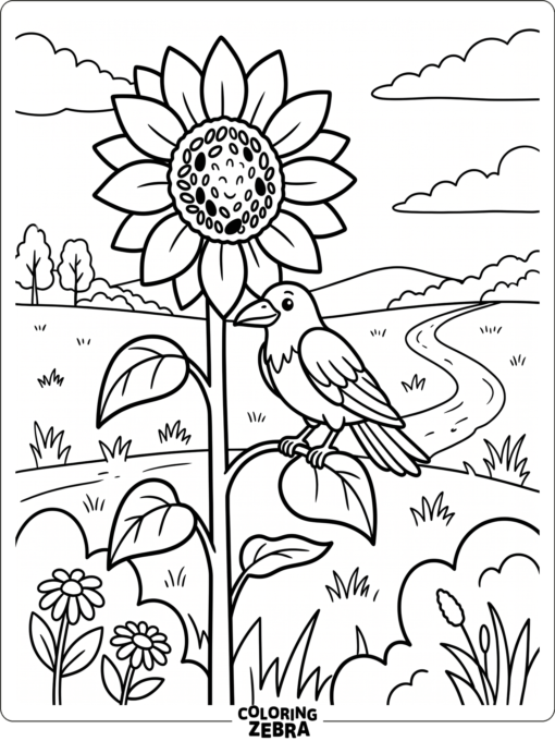 A crow perched on a sunflower with broad petals