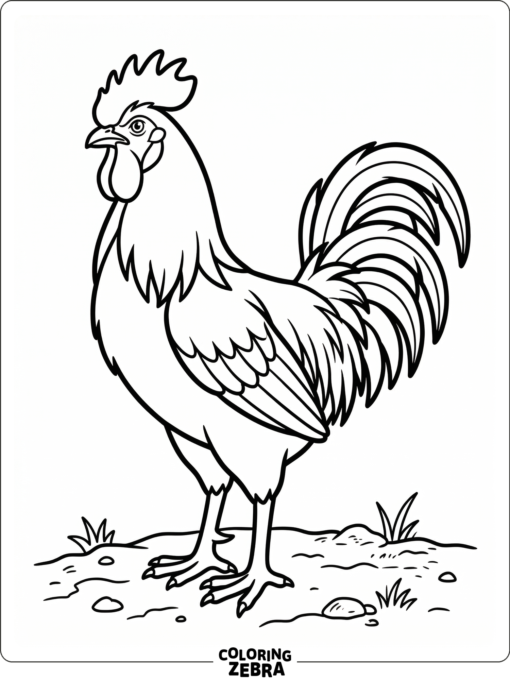 A standing rooster is shown in profile on bare ground with bold outlines.