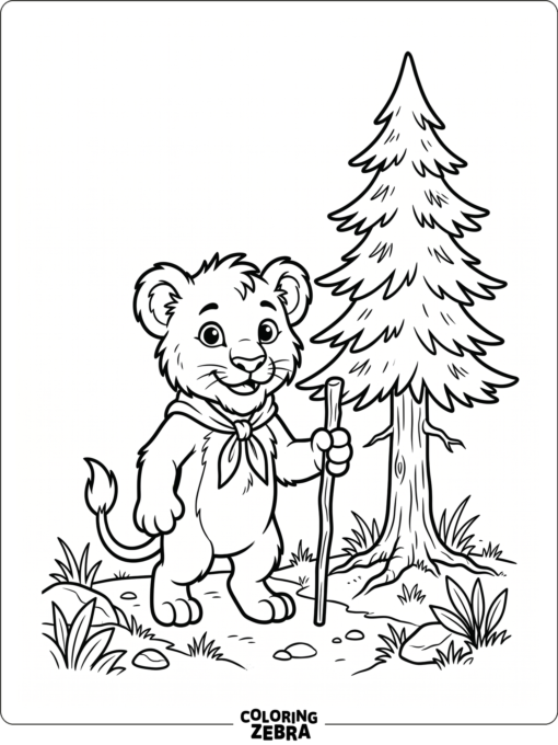A lion cub wearing a scout neckerchief stands near a pine tree