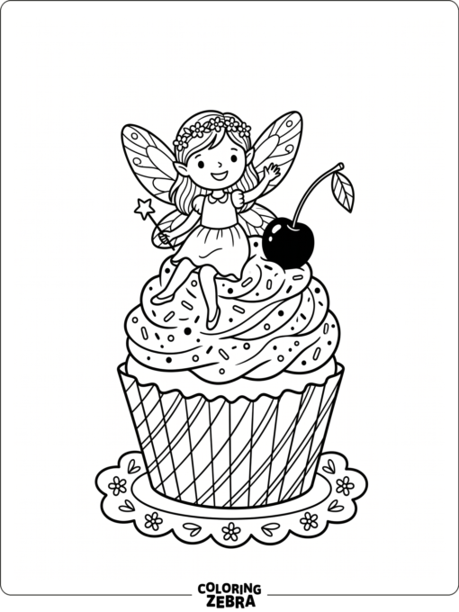 A small fairy perched on a cupcake with frosting swirls