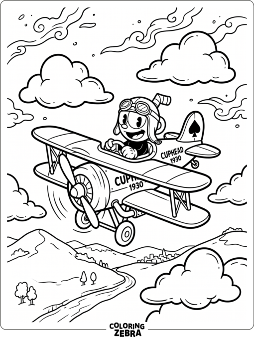Cuphead in an airplane flying through simple clouds