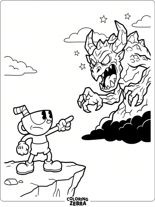 Cuphead facing a boss in a bold battle scene