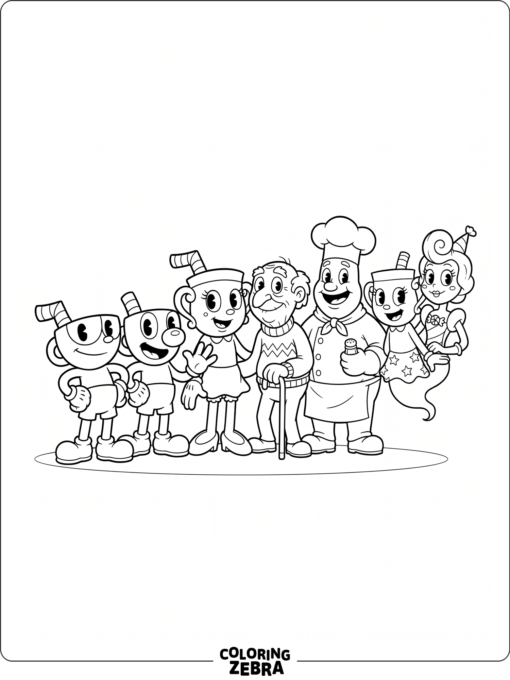 Cuphead characters standing in a simple lineup