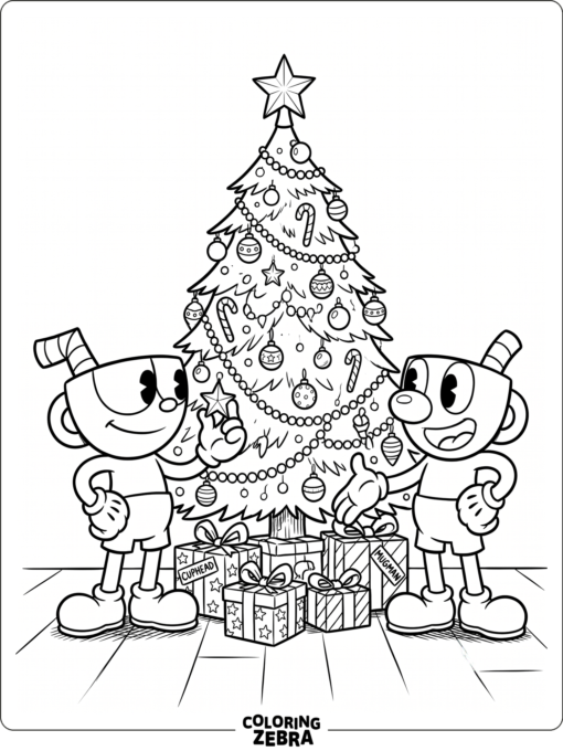 Cuphead and Mugman by a Christmas tree
