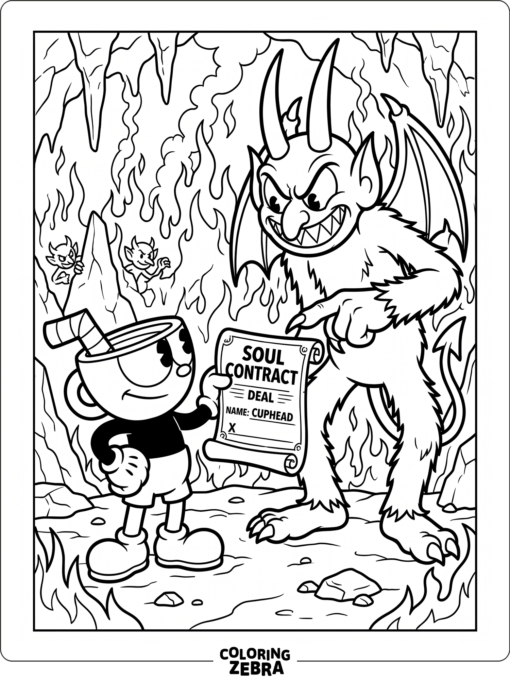 Cuphead facing the Devil with a contract nearby