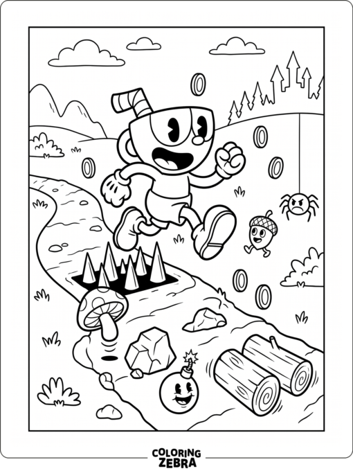 Cuphead running through a simple obstacle path