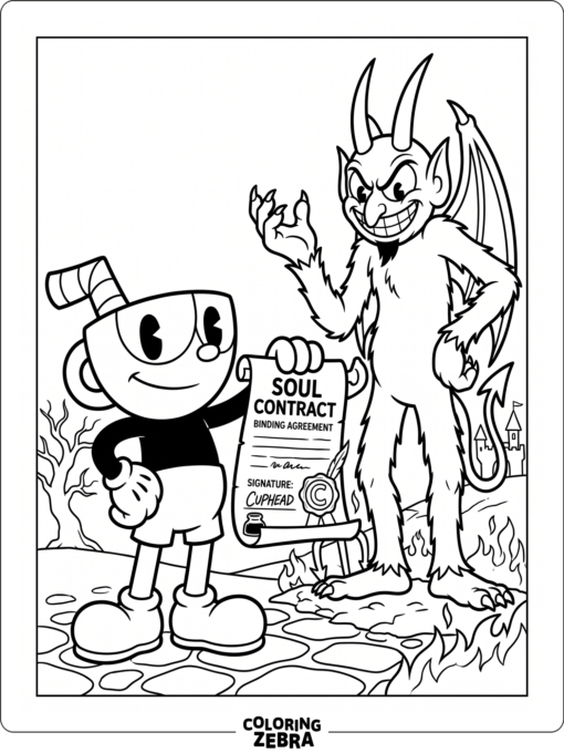 Cuphead holding a soul contract in a simple scene