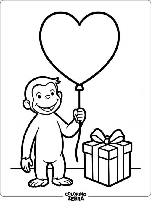 Curious monkey with a heart balloon and gift