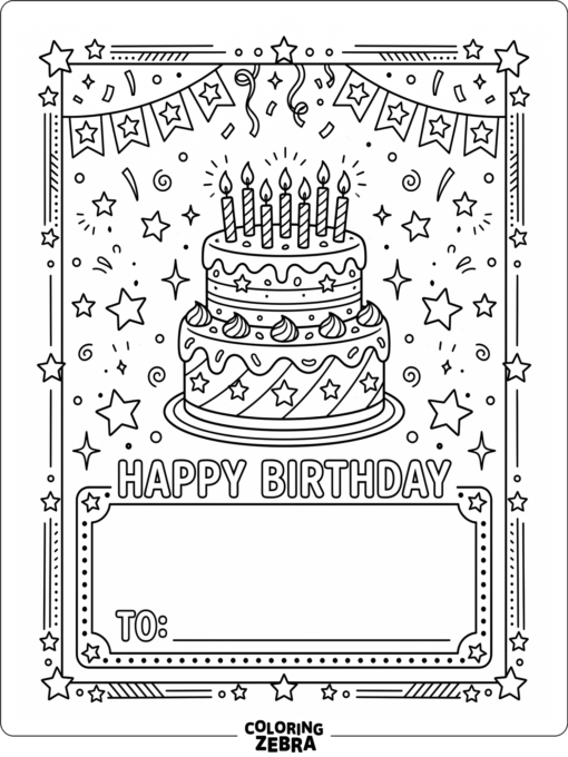Blank birthday card with cake, stars, and name space
