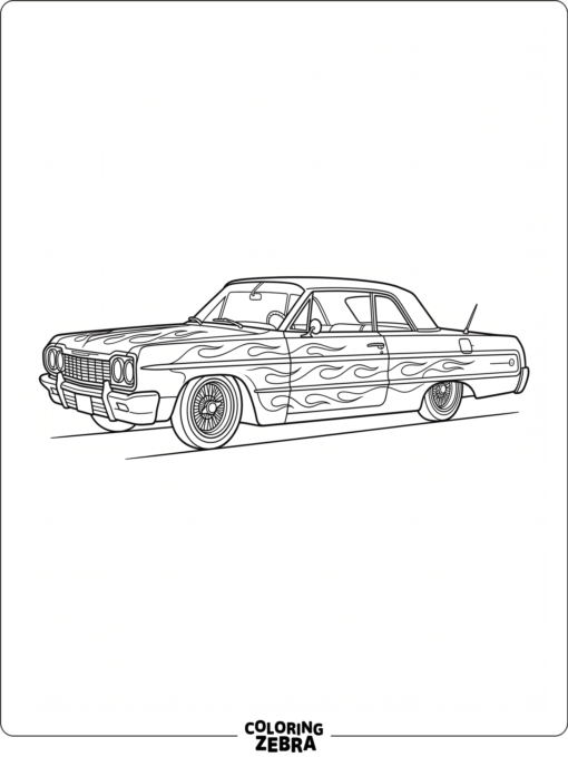 A custom lowrider with flame decals and a lowered suspension