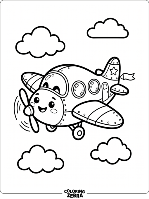 A cute airplane with round windows and a happy face