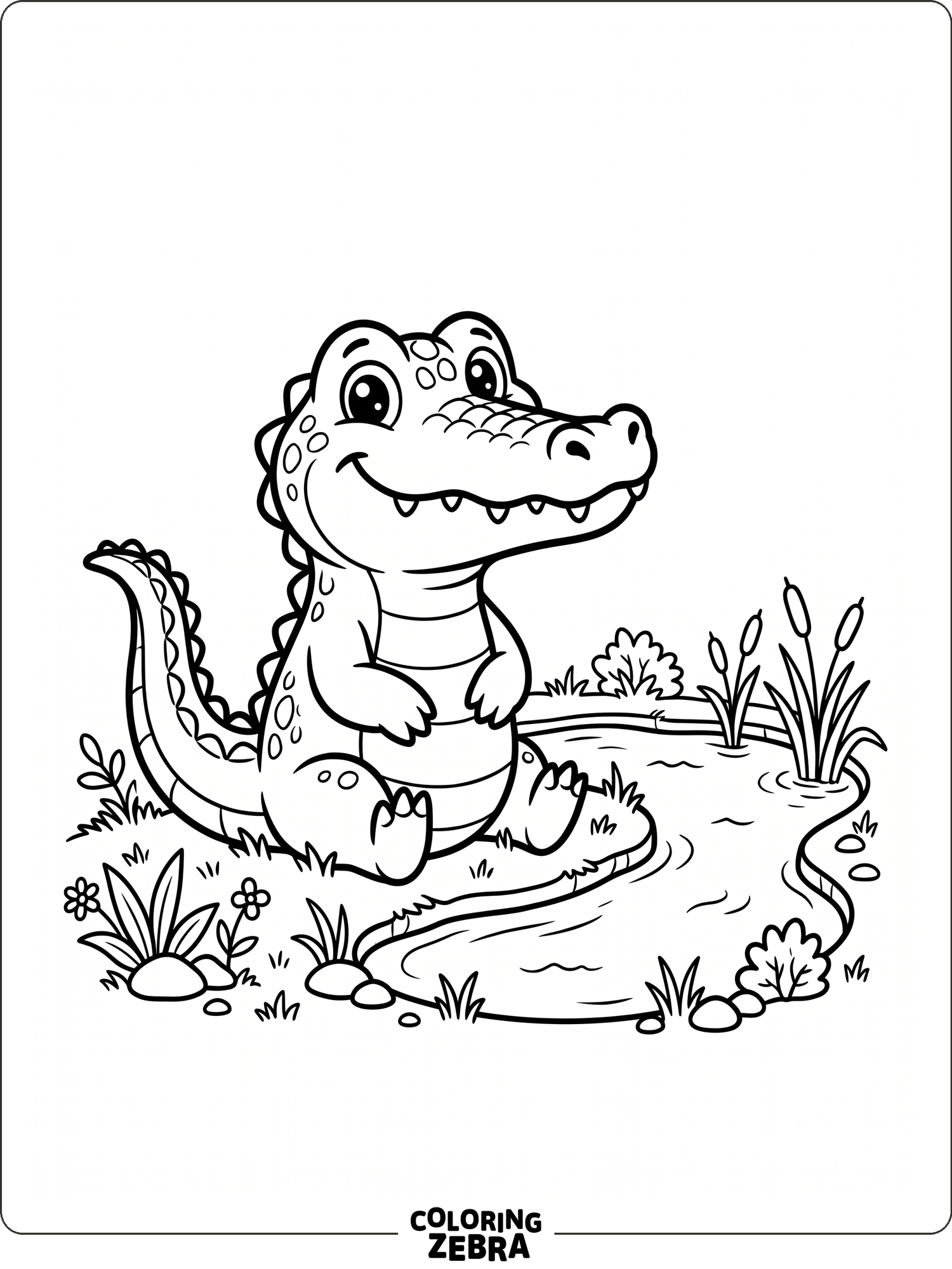 A cute alligator sitting beside a pond