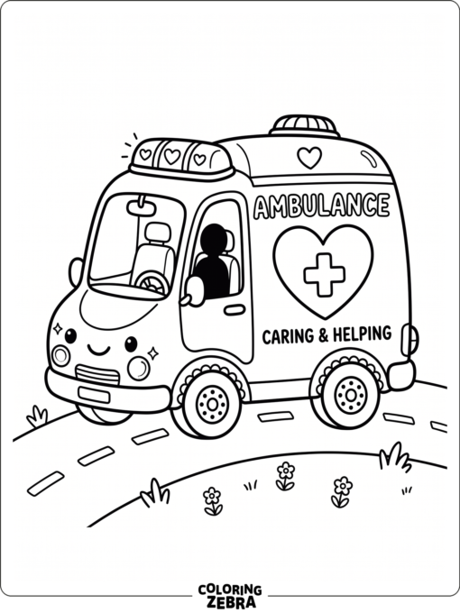 A cute ambulance with rounded shapes and small heart details