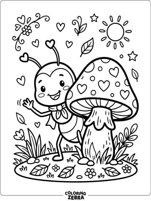 A cute ant peeking from behind a mushroom