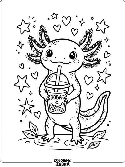 An axolotl holding a boba cup with hearts