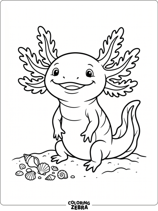 A smiling axolotl with frilly gills and small shells