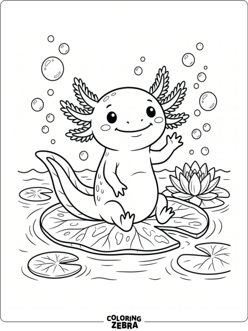 A cute axolotl sitting by a lily pad