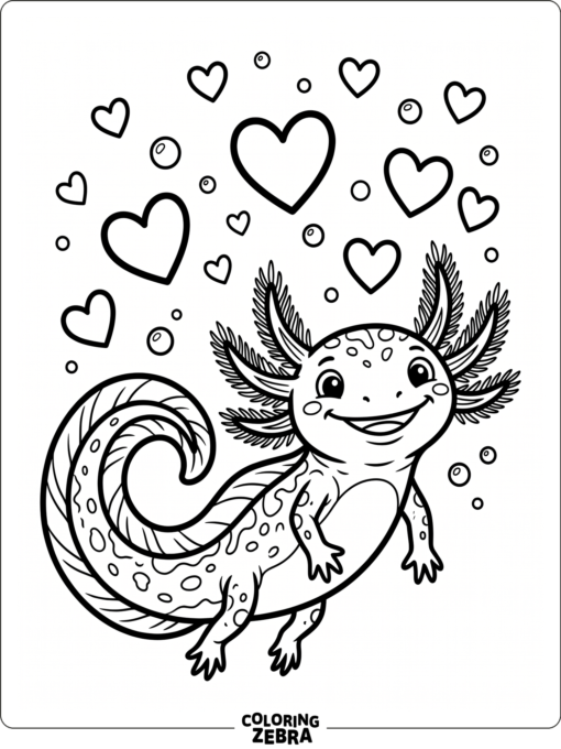 A happy axolotl with a curled tail and hearts