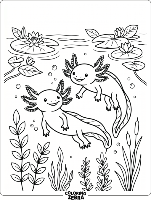 Two cute axolotls swimming by water plants