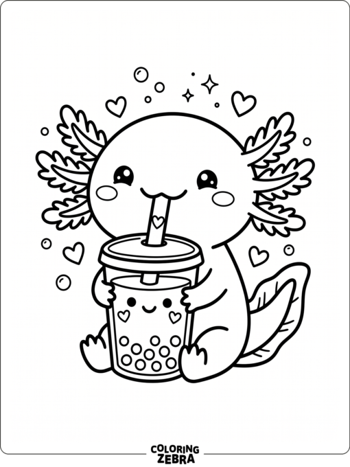 A cute axolotl sipping boba with hearts