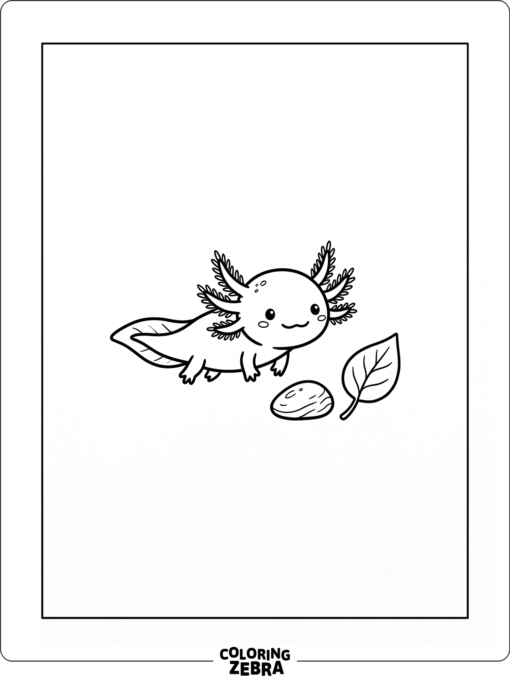 A tiny baby axolotl beside a pebble and leaf