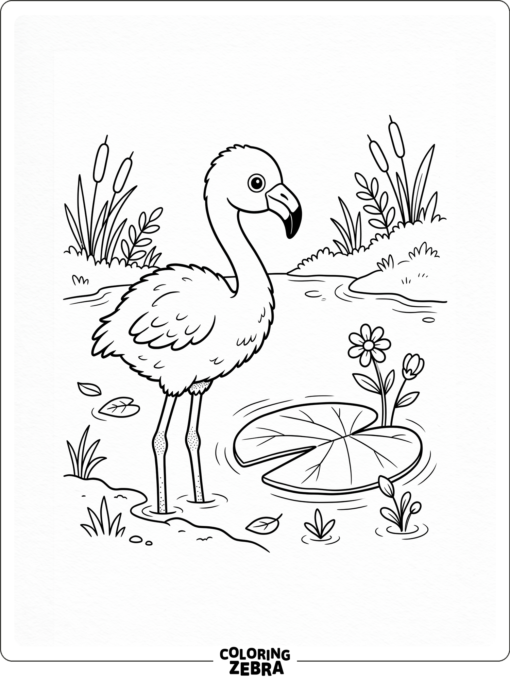 A cute baby flamingo near a lily pad